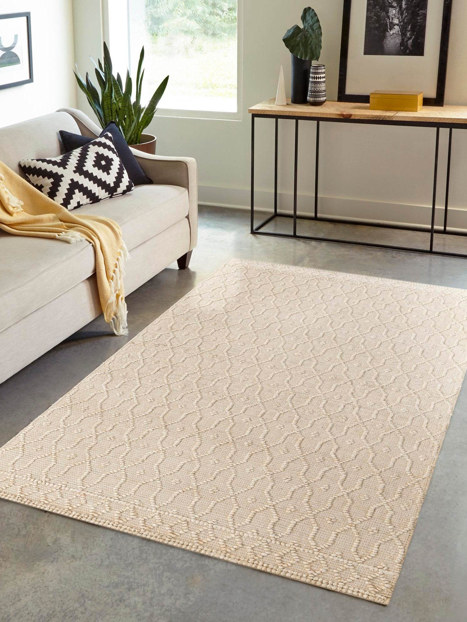 Ivory 5' 3 x 8' Larsa Rectangle Area Rug 90% Jute & 10% Cotton Premium All Natural Hand Woven Carpet for Home Interior Design Spaces for Sale at Rug Engine