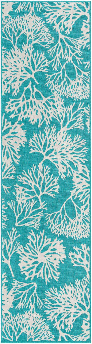 Teal 2' 7 x 10' Outdoor Coastal Runner Area Rug Weather Resistant for Patio, Deck, Terrace, Balcony, Porch 100% Polypropylene Coastal Decor Carpet for Sale at Rug Engine