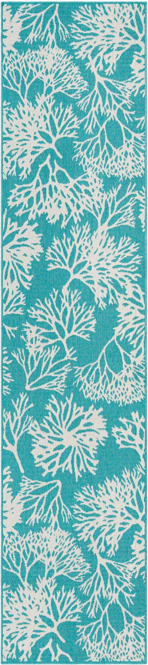 Teal 2' 7 x 12' Outdoor Coastal Runner Area Rug Weather Resistant for Patio, Deck, Terrace, Balcony, Porch 100% Polypropylene Coastal Decor Carpet for Sale at Rug Engine