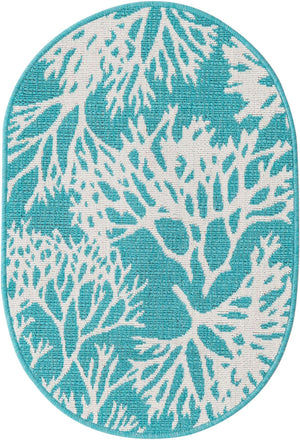 Teal 2' x 3' 1 Outdoor Coastal Oval Area Rug Weather Resistant for Patio, Deck, Terrace, Balcony, Porch 100% Polypropylene Coastal Decor Carpet for Sale at Rug Engine