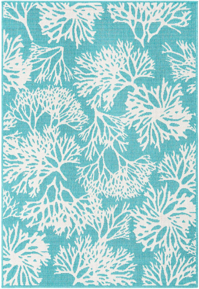 Teal 4' 1 x 6' 1 Outdoor Coastal Rectangle Area Rug Weather Resistant for Patio, Deck, Terrace, Balcony, Porch 100% Polypropylene Coastal Decor Carpet for Sale at Rug Engine