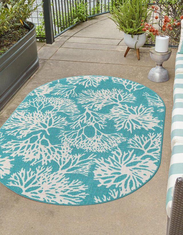 Teal 4' 1 x 6' 1 Outdoor Coastal Oval Area Rug Weather Resistant for Patio, Deck, Terrace, Balcony, Porch 100% Polypropylene Coastal Decor Carpet for Sale at Rug Engine