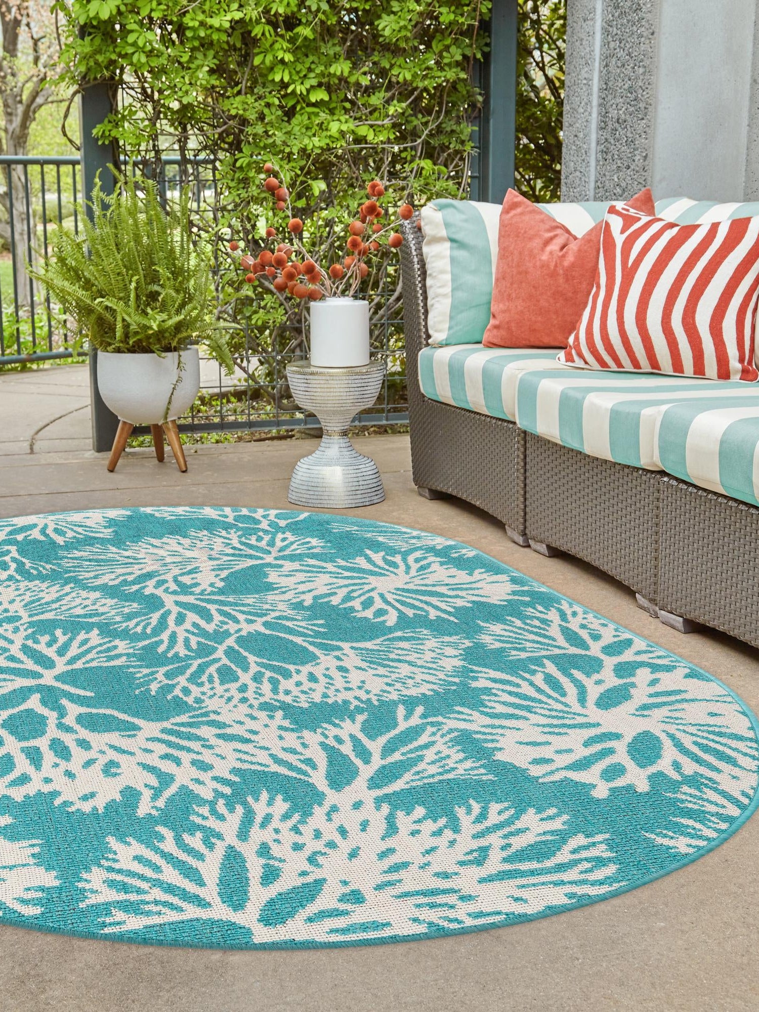 Teal 2' x 3' 1 Outdoor Coastal Oval Area Rug Weather Resistant for Patio, Deck, Terrace, Balcony, Porch 100% Polypropylene Coastal Decor Carpet for Sale at Rug Engine