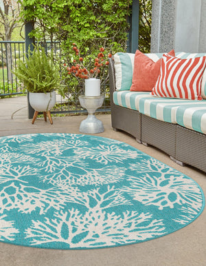 Teal 2' x 3' 1 Outdoor Coastal Oval Area Rug Weather Resistant for Patio, Deck, Terrace, Balcony, Porch 100% Polypropylene Coastal Decor Carpet for Sale at Rug Engine