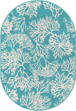 Teal 4' 1 x 6' 1 Outdoor Coastal Oval Area Rug Weather Resistant for Patio, Deck, Terrace, Balcony, Porch 100% Polypropylene Coastal Decor Carpet for Sale at Rug Engine