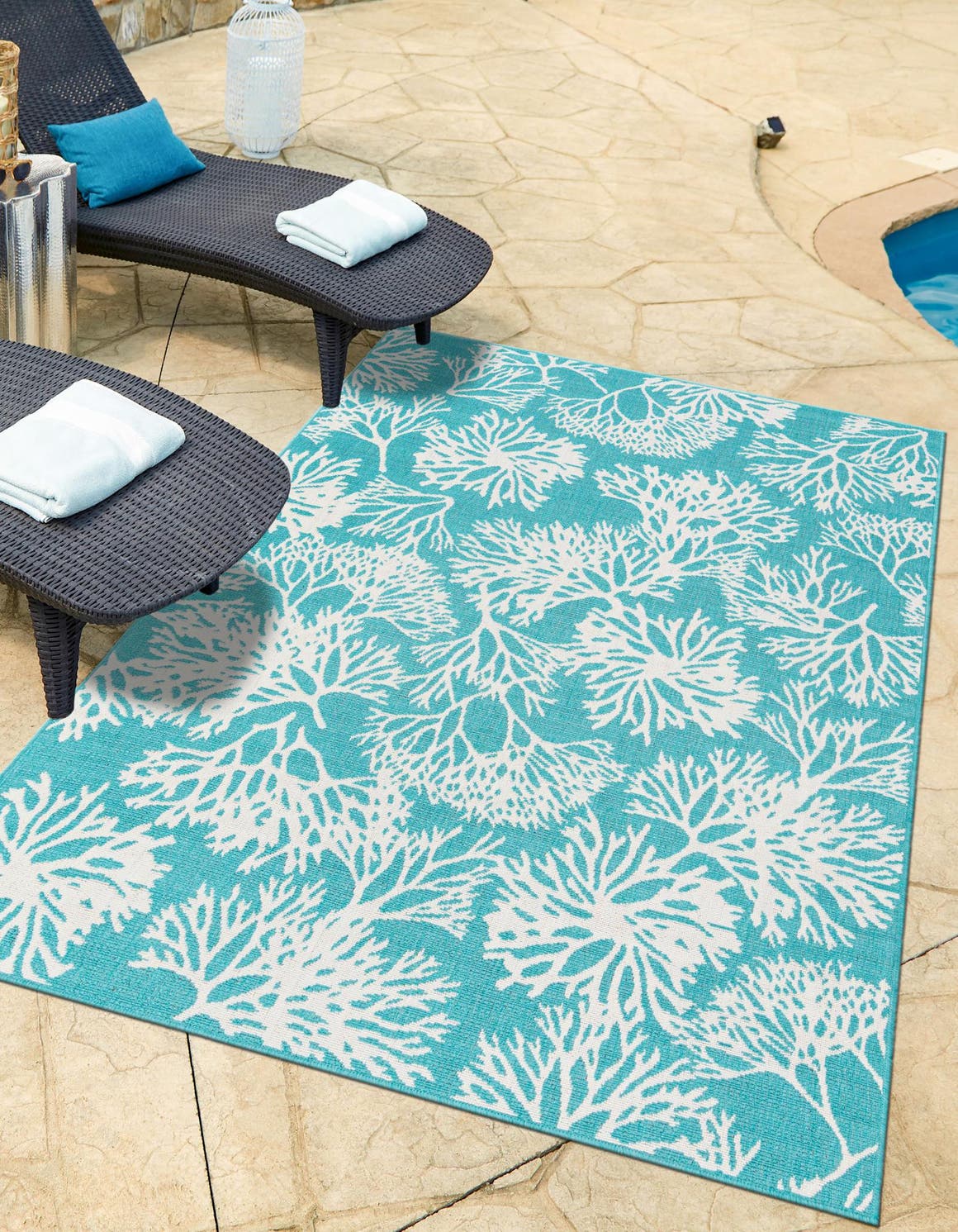 Teal 2' x 3' 1 Outdoor Coastal Rectangle Area Rug Weather Resistant for Patio, Deck, Terrace, Balcony, Porch 100% Polypropylene Coastal Decor Carpet for Sale at Rug Engine