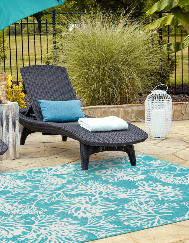 Teal 2' x 3' 1 Outdoor Coastal Rectangle Area Rug Weather Resistant for Patio, Deck, Terrace, Balcony, Porch 100% Polypropylene Coastal Decor Carpet for Sale at Rug Engine