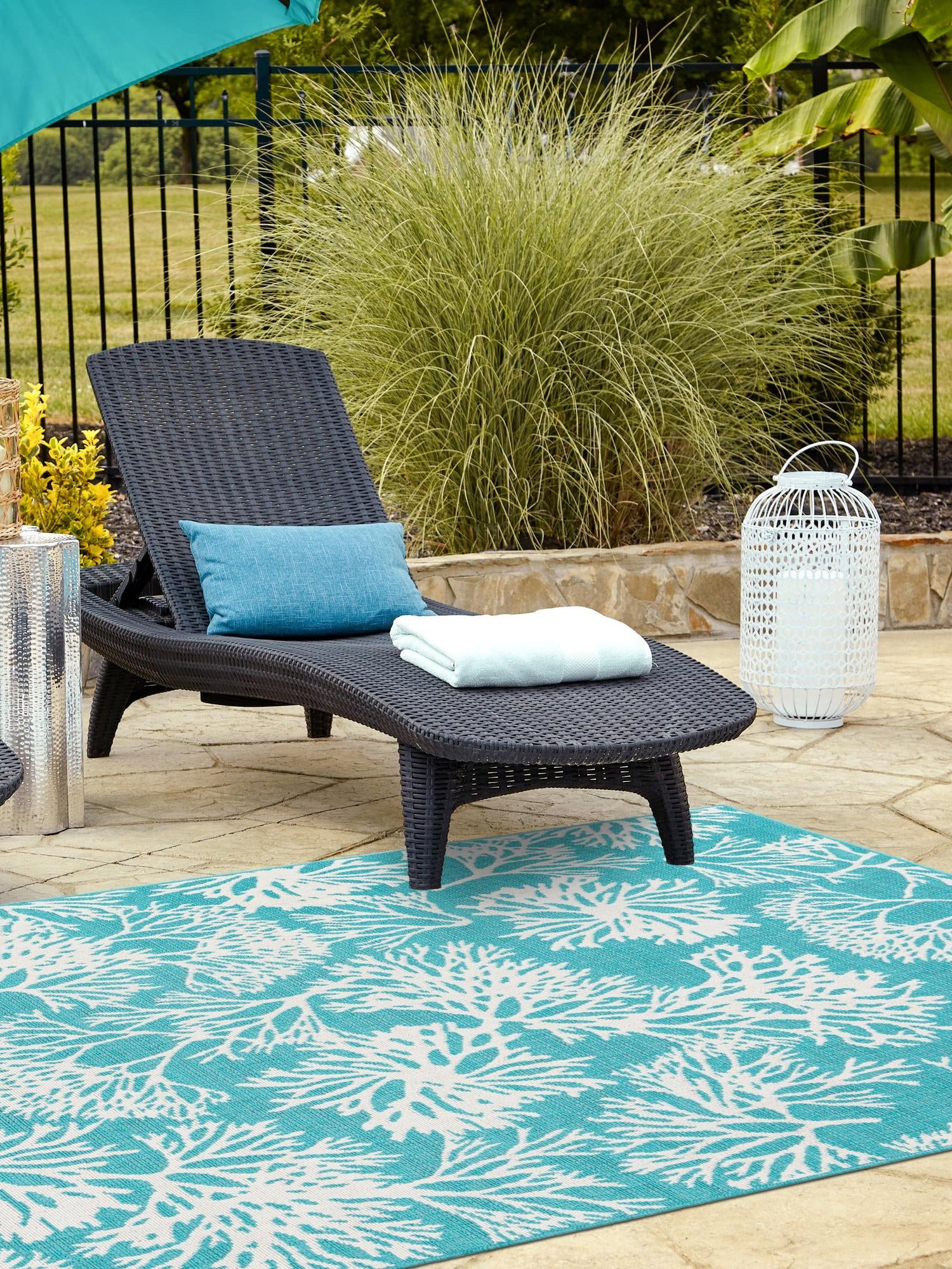 Teal 5' 3 x 8' Outdoor Coastal Rectangle Area Rug Weather Resistant for Patio, Deck, Terrace, Balcony, Porch 100% Polypropylene Coastal Decor Carpet for Sale at Rug Engine