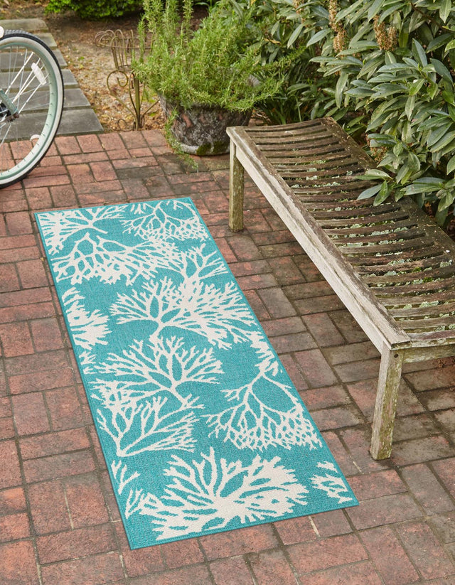 Teal 2' 7 x 12' Outdoor Coastal Runner Area Rug Weather Resistant for Patio, Deck, Terrace, Balcony, Porch 100% Polypropylene Coastal Decor Carpet for Sale at Rug Engine