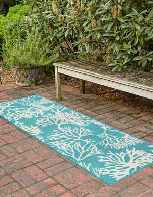 Teal 2' x 8' Outdoor Coastal Runner Area Rug Weather Resistant for Patio, Deck, Terrace, Balcony, Porch 100% Polypropylene Coastal Decor Carpet for Sale at Rug Engine