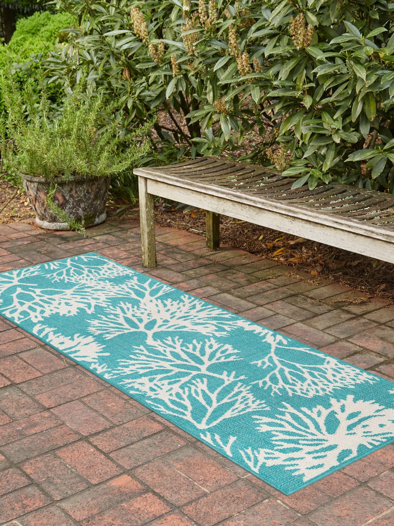 Teal 2' 7 x 12' Outdoor Coastal Runner Area Rug Weather Resistant for Patio, Deck, Terrace, Balcony, Porch 100% Polypropylene Coastal Decor Carpet for Sale at Rug Engine