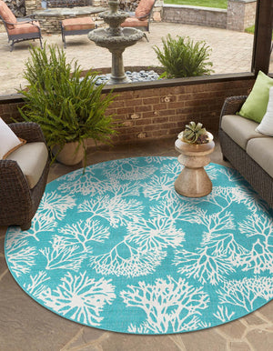 Teal 4' 1 x 4' 1 Outdoor Coastal Round Area Rug Weather Resistant for Patio, Deck, Terrace, Balcony, Porch 100% Polypropylene Coastal Decor Carpet for Sale at Rug Engine
