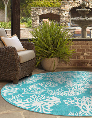 Teal 7' 1 x 7' 1 Outdoor Coastal Round Area Rug Weather Resistant for Patio, Deck, Terrace, Balcony, Porch 100% Polypropylene Coastal Decor Carpet for Sale at Rug Engine