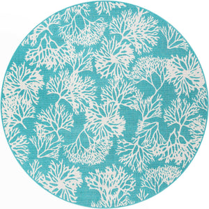 Teal 7' 1 x 7' 1 Outdoor Coastal Round Area Rug Weather Resistant for Patio, Deck, Terrace, Balcony, Porch 100% Polypropylene Coastal Decor Carpet for Sale at Rug Engine