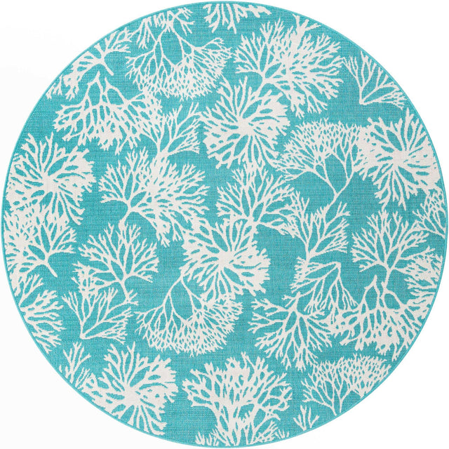 Teal 7' 1 x 7' 1 Outdoor Coastal Round Area Rug Weather Resistant for Patio, Deck, Terrace, Balcony, Porch 100% Polypropylene Coastal Decor Carpet for Sale at Rug Engine