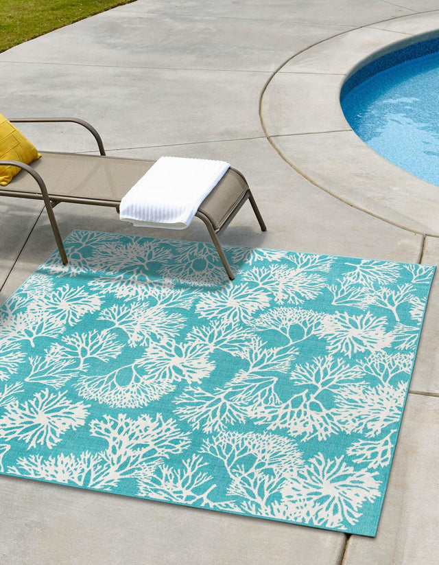 Teal 7' 10 x 7' 10 Outdoor Coastal Square Area Rug Weather Resistant for Patio, Deck, Terrace, Balcony, Porch 100% Polypropylene Coastal Decor Carpet for Sale at Rug Engine