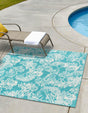 Teal 7' 10 x 7' 10 Outdoor Coastal Square Area Rug Weather Resistant for Patio, Deck, Terrace, Balcony, Porch 100% Polypropylene Coastal Decor Carpet for Sale at Rug Engine