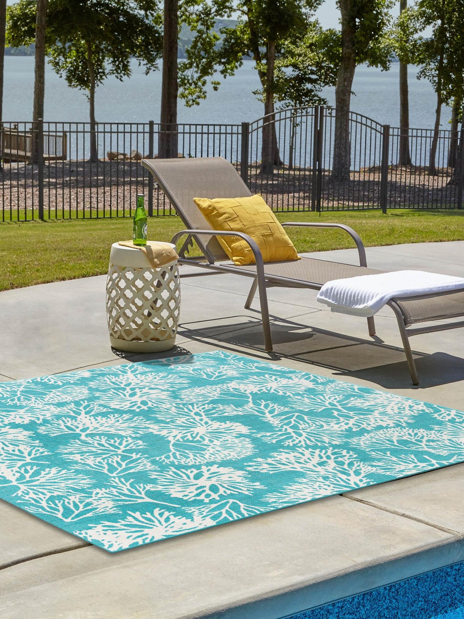 Teal 7' 10 x 7' 10 Outdoor Coastal Square Area Rug Weather Resistant for Patio, Deck, Terrace, Balcony, Porch 100% Polypropylene Coastal Decor Carpet for Sale at Rug Engine