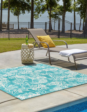 Teal 7' 10 x 7' 10 Outdoor Coastal Square Area Rug Weather Resistant for Patio, Deck, Terrace, Balcony, Porch 100% Polypropylene Coastal Decor Carpet for Sale at Rug Engine