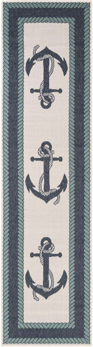 Navy Blue 2' 7 x 10' Outdoor Coastal Runner Area Rug Weather Resistant for Patio, Deck, Terrace, Balcony, Porch 100% Polypropylene Coastal Decor Carpet for Sale at Rug Engine