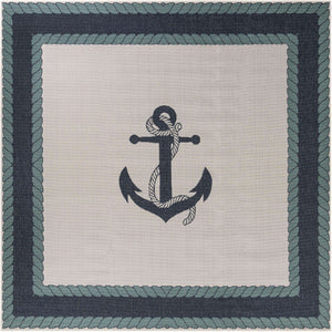 Navy Blue 10' x 10' Outdoor Coastal Square Area Rug Weather Resistant for Patio, Deck, Terrace, Balcony, Porch
