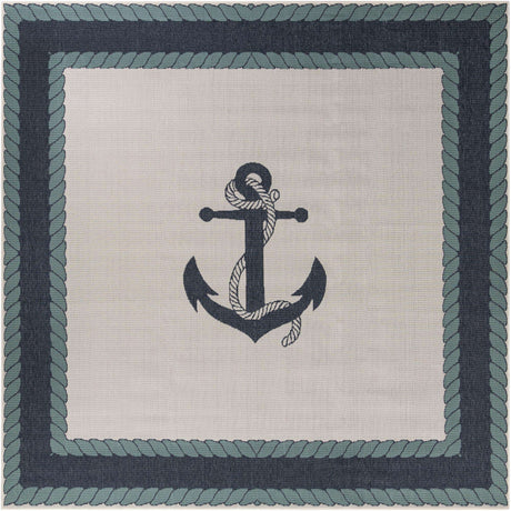 Navy Blue 10' x 10' Outdoor Coastal Square Area Rug Weather Resistant for Patio, Deck, Terrace, Balcony, Porch
