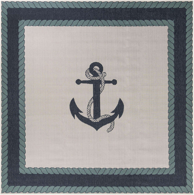 Navy Blue 10' x 10' Outdoor Coastal Square Area Rug Weather Resistant for Patio, Deck, Terrace, Balcony, Porch