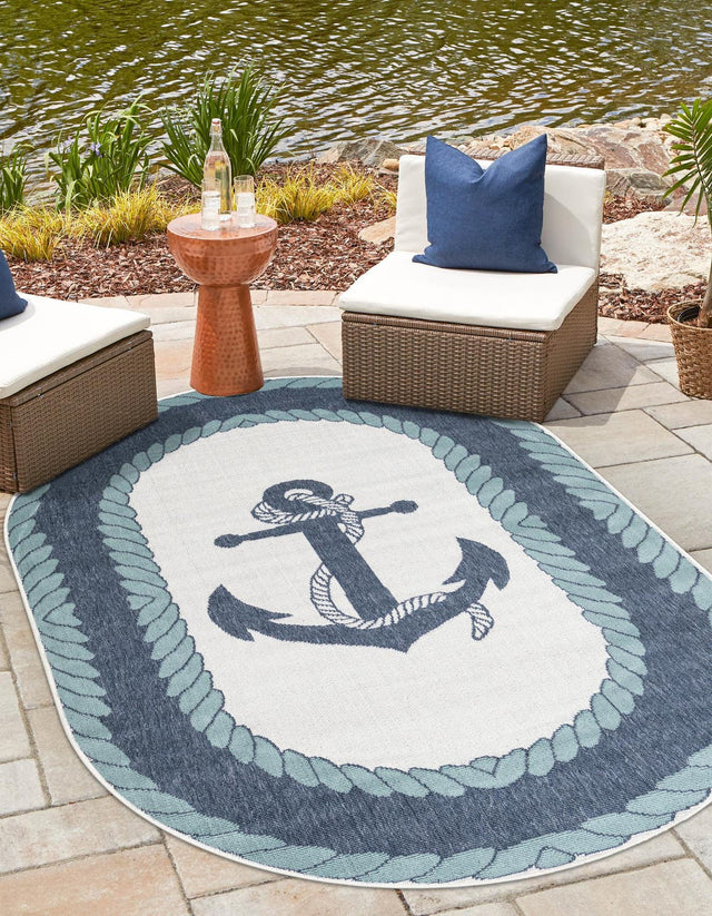 Navy Blue 4' 1 x 6' 1 Outdoor Coastal Oval Area Rug Weather Resistant for Patio, Deck, Terrace, Balcony, Porch 100% Polypropylene Coastal Decor Carpet for Sale at Rug Engine