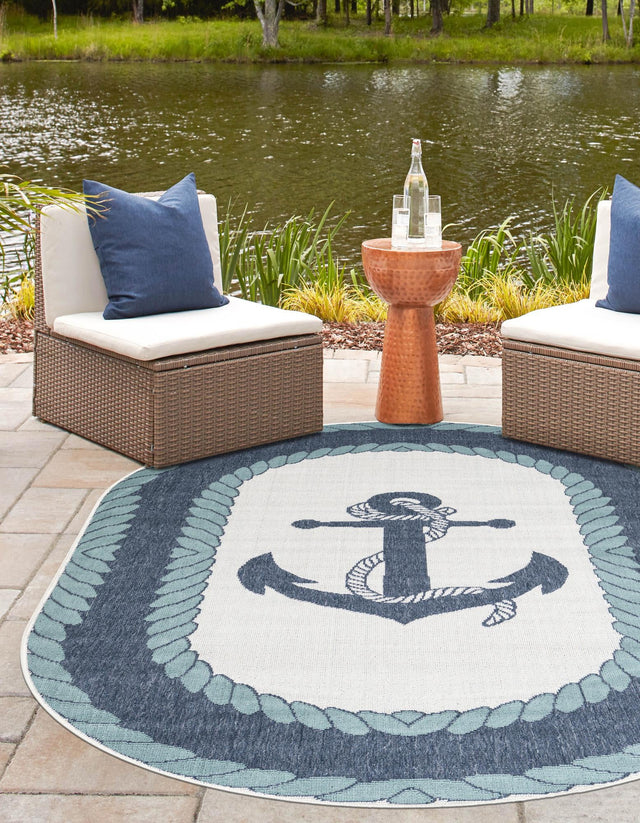 Navy Blue 4' 1 x 6' 1 Outdoor Coastal Oval Area Rug Weather Resistant for Patio, Deck, Terrace, Balcony, Porch 100% Polypropylene Coastal Decor Carpet for Sale at Rug Engine