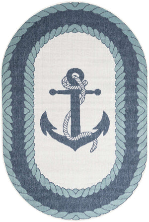 Navy Blue 4' 1 x 6' 1 Outdoor Coastal Oval Area Rug Weather Resistant for Patio, Deck, Terrace, Balcony, Porch 100% Polypropylene Coastal Decor Carpet for Sale at Rug Engine
