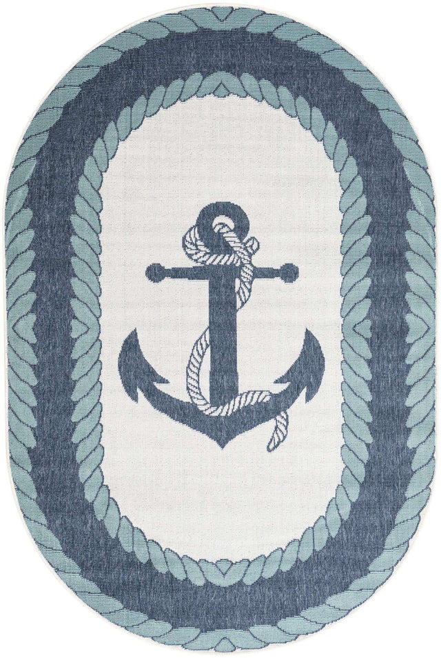 Navy Blue 4' 1 x 6' 1 Outdoor Coastal Oval Area Rug Weather Resistant for Patio, Deck, Terrace, Balcony, Porch 100% Polypropylene Coastal Decor Carpet for Sale at Rug Engine
