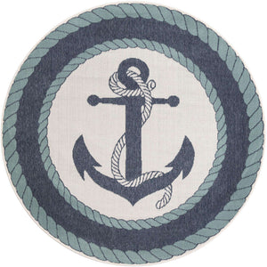 Navy Blue 5' 3 x 5' 3 Outdoor Coastal Round Area Rug Weather Resistant for Patio, Deck, Terrace, Balcony, Porch 100% Polypropylene Coastal Decor Carpet for Sale at Rug Engine