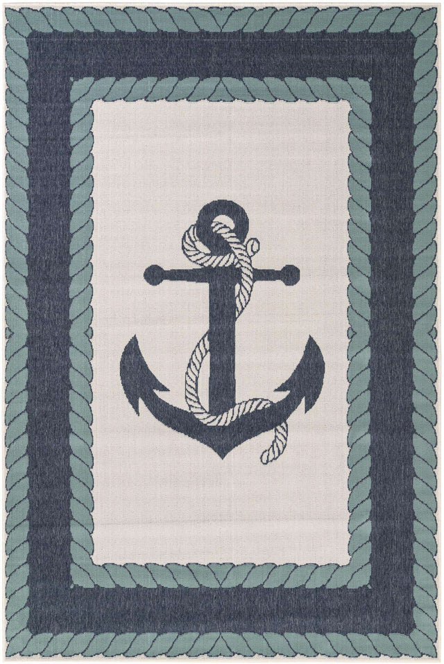 Navy Blue 6' 1 x 9' Outdoor Coastal Rectangle Area Rug Weather Resistant for Patio, Deck, Terrace, Balcony, Porch 100% Polypropylene Coastal Decor Carpet for Sale at Rug Engine