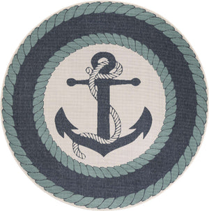 Navy Blue 7' 10 x 7' 10 Outdoor Coastal Round Area Rug Weather Resistant for Patio, Deck, Terrace, Balcony, Porch 100% Polypropylene Coastal Decor Carpet for Sale at Rug Engine