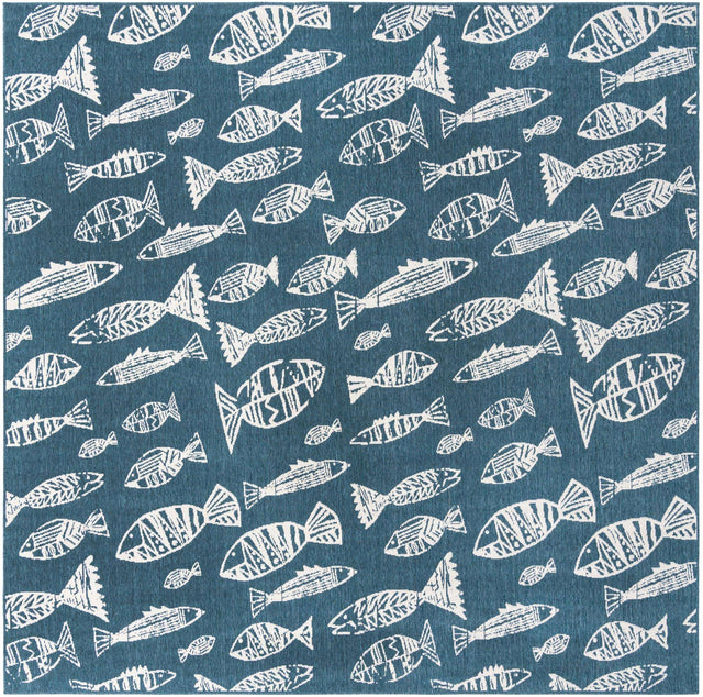 Blue 10' x 10' Outdoor Coastal Square Area Rug Weather Resistant for Patio, Deck, Terrace, Balcony, Porch 100% Polypropylene Coastal Decor Carpet for Sale at Rug Engine