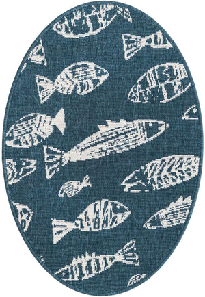 Blue 2' x 3' 1 Outdoor Coastal Oval Area Rug Weather Resistant for Patio, Deck, Terrace, Balcony, Porch 100% Polypropylene Coastal Decor Carpet for Sale at Rug Engine