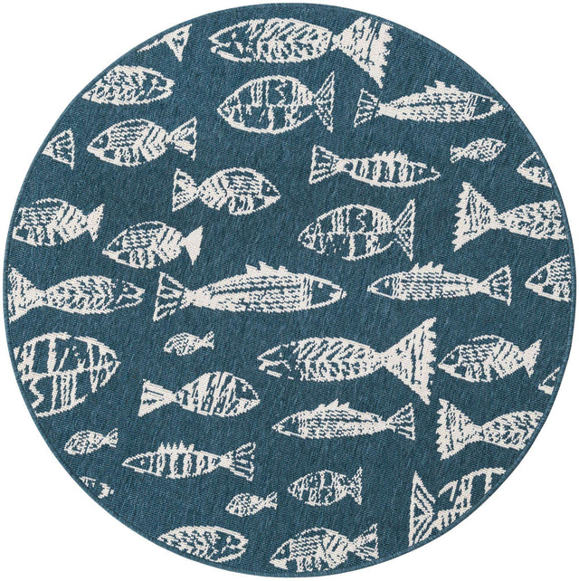 Blue 4' 1 x 4' 1 Outdoor Coastal Round Area Rug Weather Resistant for Patio, Deck, Terrace, Balcony, Porch 100% Polypropylene Coastal Decor Carpet for Sale at Rug Engine