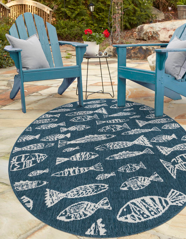 Blue 4' 1 x 6' 1 Outdoor Coastal Oval Area Rug Weather Resistant for Patio, Deck, Terrace, Balcony, Porch 100% Polypropylene Coastal Decor Carpet for Sale at Rug Engine