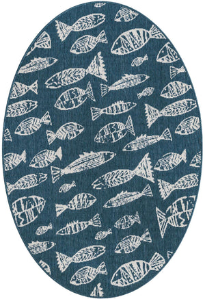 Blue 4' 1 x 6' 1 Outdoor Coastal Oval Area Rug Weather Resistant for Patio, Deck, Terrace, Balcony, Porch 100% Polypropylene Coastal Decor Carpet for Sale at Rug Engine