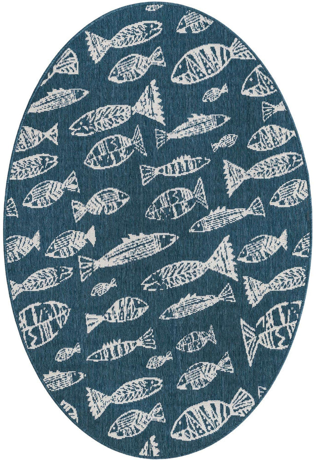 Blue 4' 1 x 6' 1 Outdoor Coastal Oval Area Rug Weather Resistant for Patio, Deck, Terrace, Balcony, Porch 100% Polypropylene Coastal Decor Carpet for Sale at Rug Engine