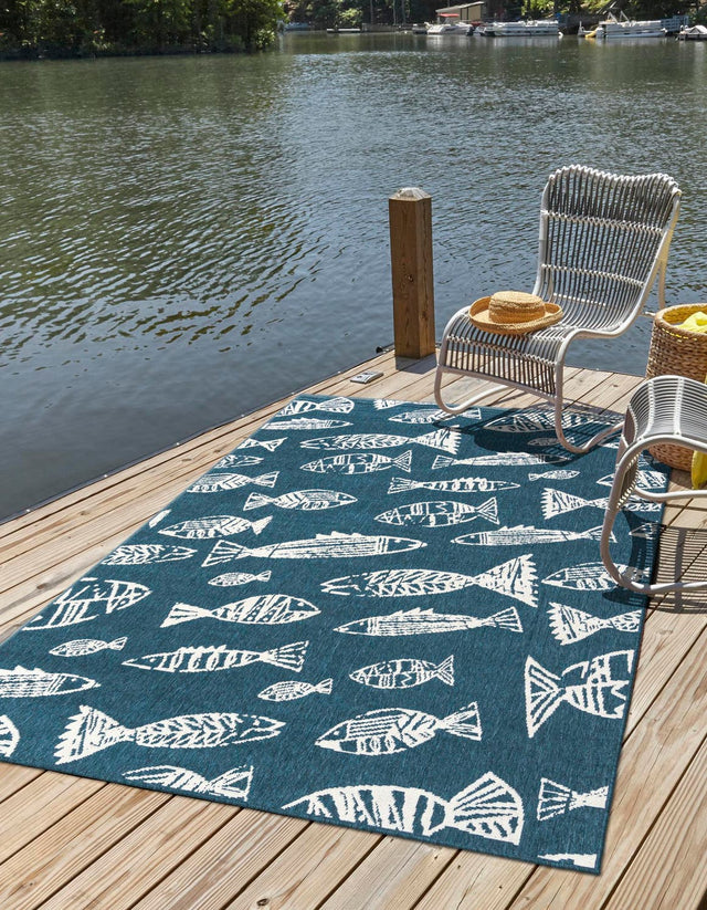 Blue 9' x 12' Outdoor Coastal Rectangle Area Rug Weather Resistant for Patio, Deck, Terrace, Balcony, Porch 100% Polypropylene Coastal Decor Carpet for Sale at Rug Engine