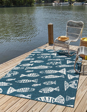 Blue 7' 10 x 10' Outdoor Coastal Rectangle Area Rug Weather Resistant for Patio, Deck, Terrace, Balcony, Porch 100% Polypropylene Coastal Decor Carpet for Sale at Rug Engine