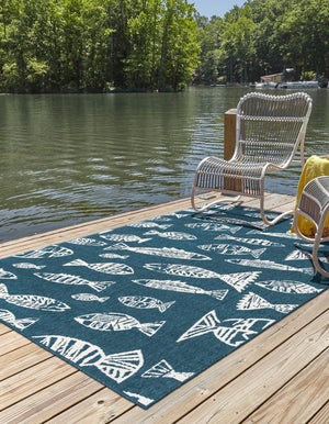 Blue 7' 10 x 10' Outdoor Coastal Rectangle Area Rug Weather Resistant for Patio, Deck, Terrace, Balcony, Porch 100% Polypropylene Coastal Decor Carpet for Sale at Rug Engine