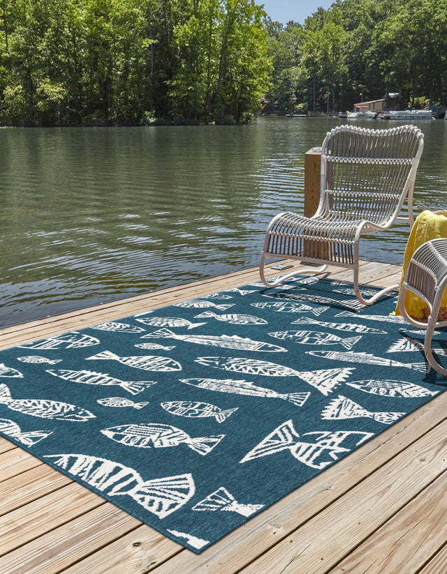Blue 5' 3 x 8' Outdoor Coastal Rectangle Area Rug Weather Resistant for Patio, Deck, Terrace, Balcony, Porch 100% Polypropylene Coastal Decor Carpet for Sale at Rug Engine