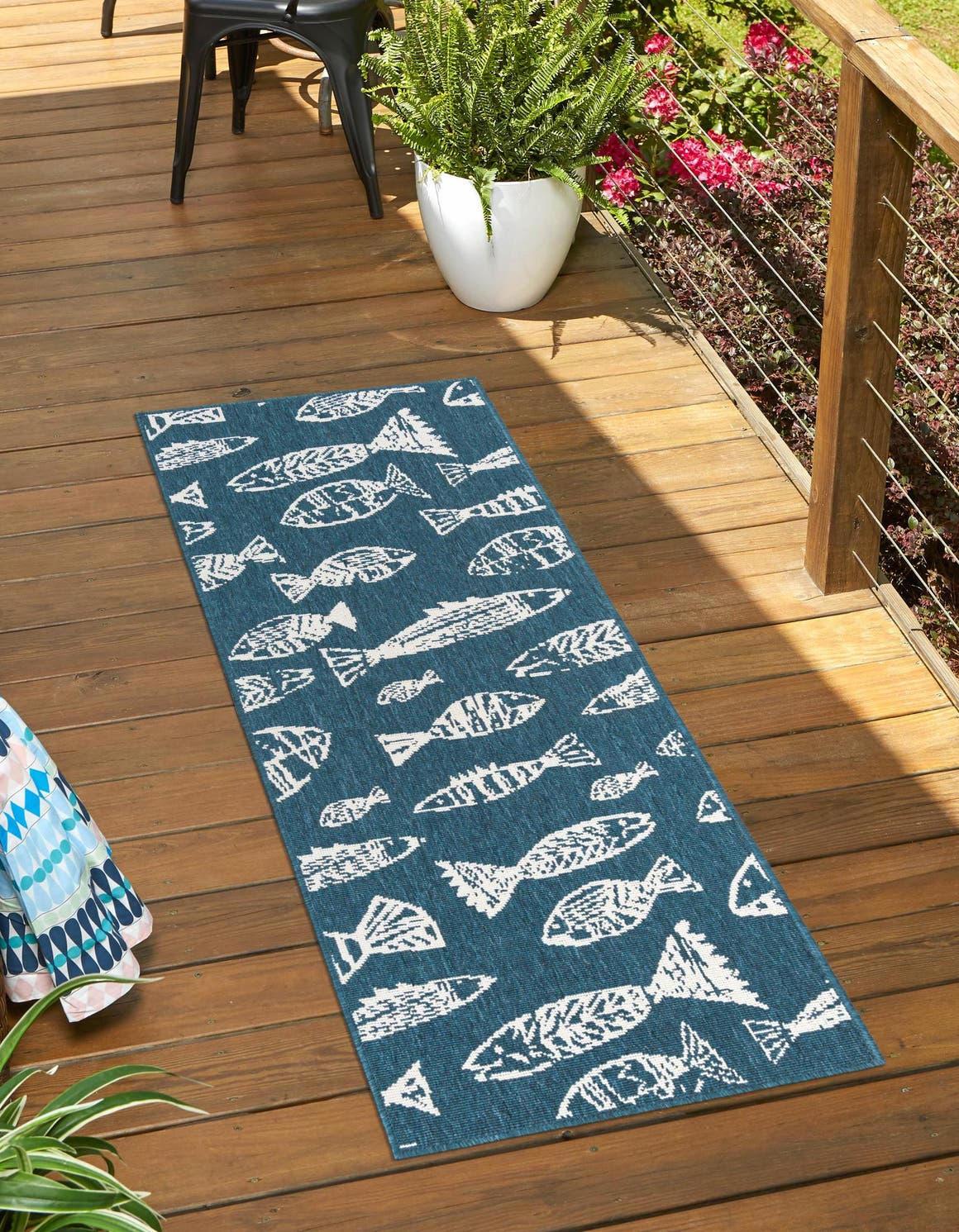 Blue 2' 7 x 10' Outdoor Coastal Runner Area Rug Weather Resistant for Patio, Deck, Terrace, Balcony, Porch 100% Polypropylene Coastal Decor Carpet for Sale at Rug Engine