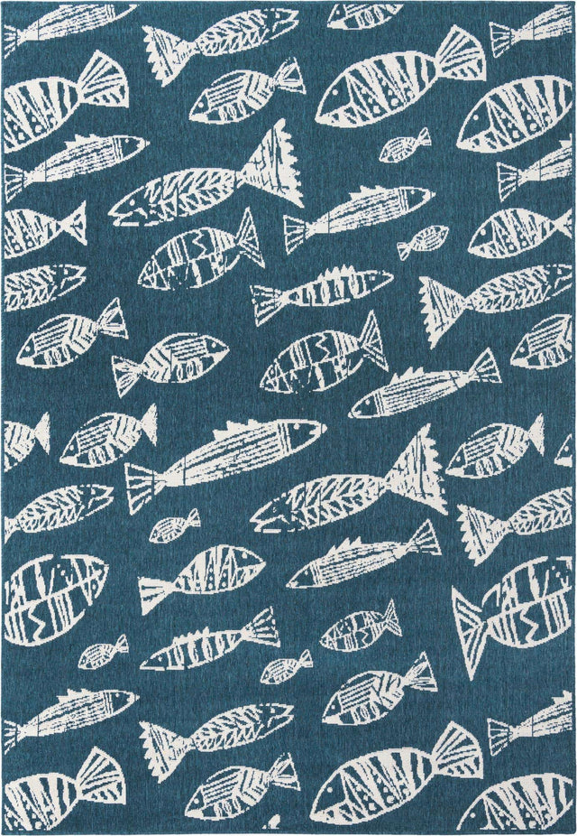Blue 6' 1 x 9' Outdoor Coastal Rectangle Area Rug Weather Resistant for Patio, Deck, Terrace, Balcony, Porch 100% Polypropylene Coastal Decor Carpet for Sale at Rug Engine