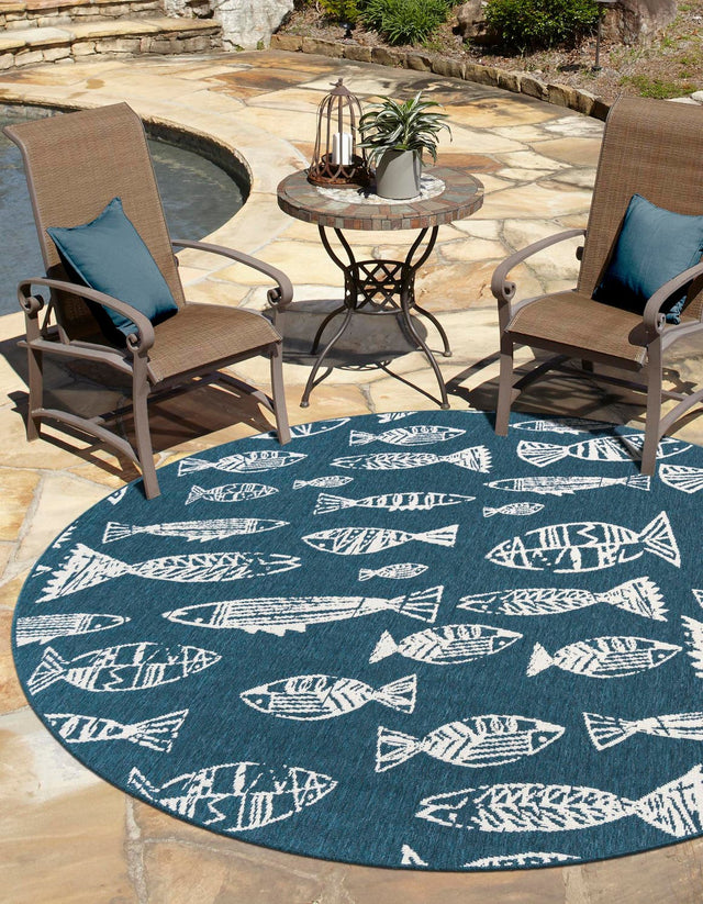 Blue 4' 1 x 4' 1 Outdoor Coastal Round Area Rug Weather Resistant for Patio, Deck, Terrace, Balcony, Porch 100% Polypropylene Coastal Decor Carpet for Sale at Rug Engine