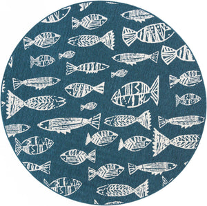 Blue 7' 1 x 7' 1 Outdoor Coastal Round Area Rug Weather Resistant for Patio, Deck, Terrace, Balcony, Porch 100% Polypropylene Coastal Decor Carpet for Sale at Rug Engine