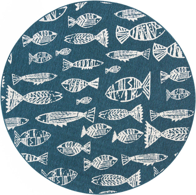 Blue 7' 1 x 7' 1 Outdoor Coastal Round Area Rug Weather Resistant for Patio, Deck, Terrace, Balcony, Porch 100% Polypropylene Coastal Decor Carpet for Sale at Rug Engine