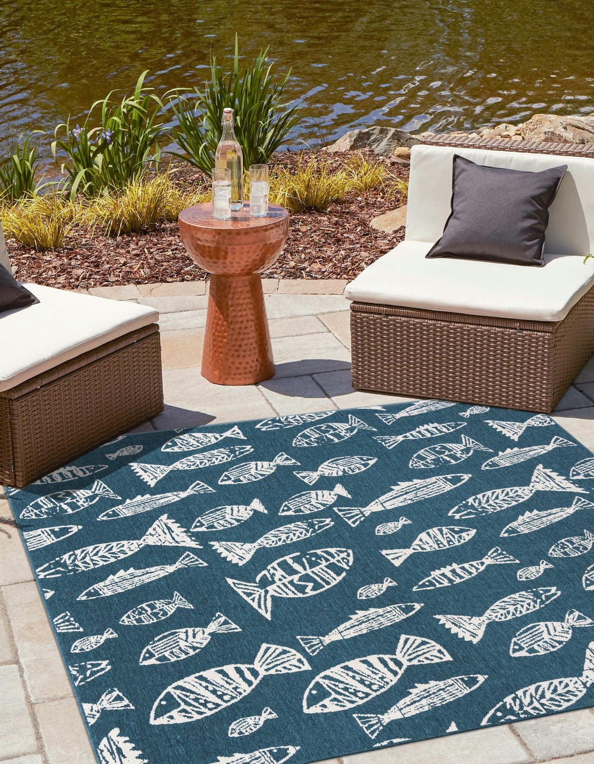 Blue 7' 10 x 7' 10 Outdoor Coastal Square Area Rug Weather Resistant for Patio, Deck, Terrace, Balcony, Porch 100% Polypropylene Coastal Decor Carpet for Sale at Rug Engine